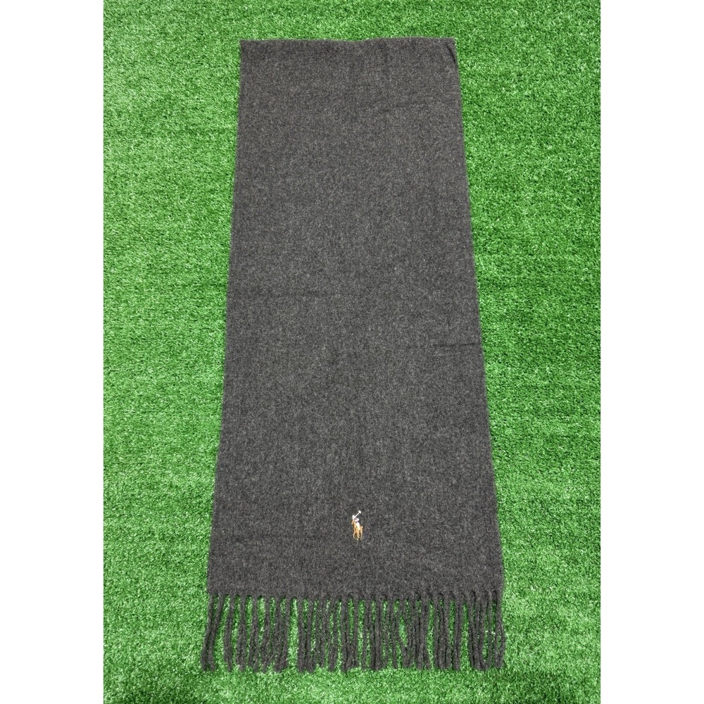 Polo Ralph Lauren Italy Charcoal Grey Wool/Cashmere Fringe Scarf Polo Pony Logo